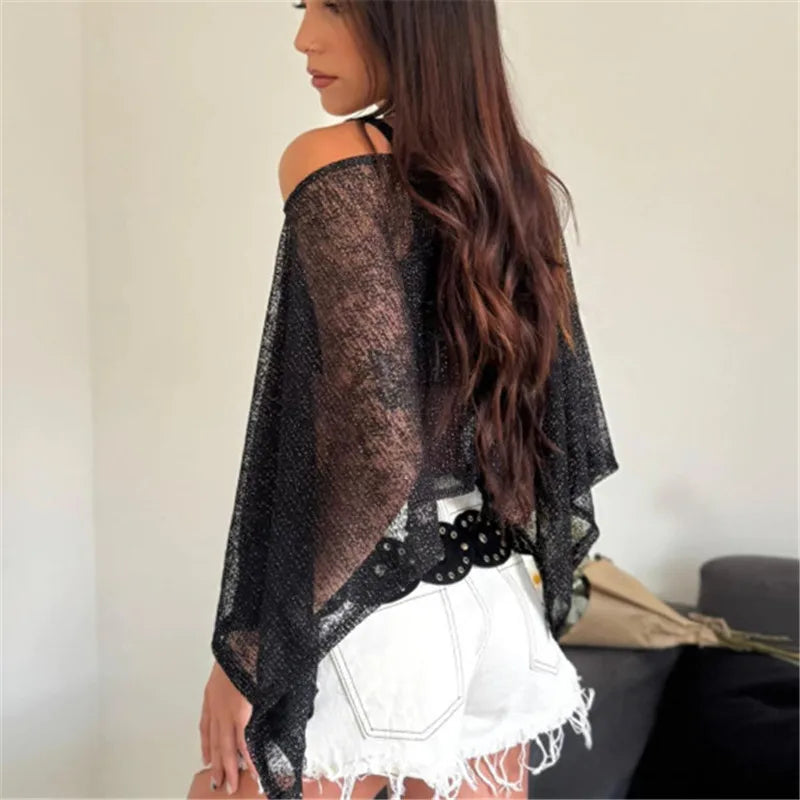 Summer Women's Sheer Mesh Cropped Poncho Top Asymmetric Hem Loose Off Shoulder See-Through Cover-Up Beachwear