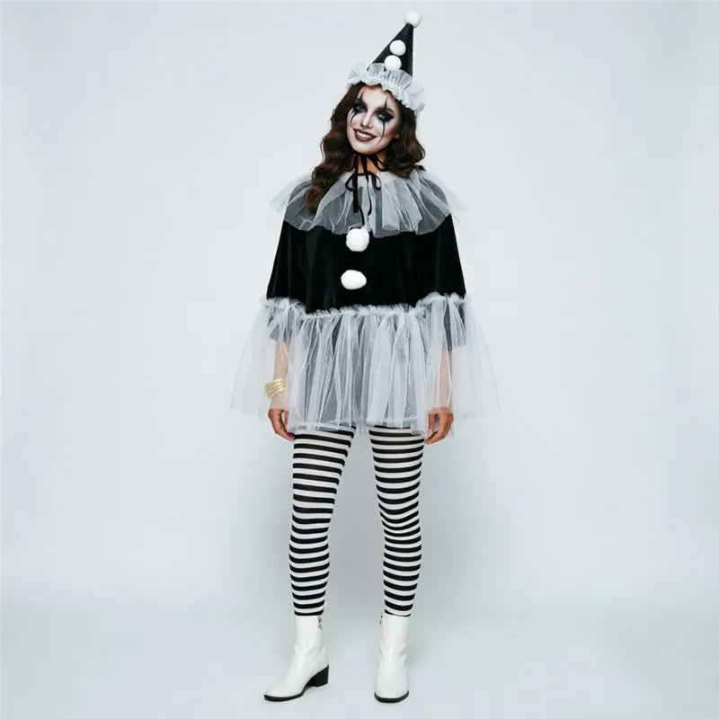 Circus Pierrot Clown Costume Women Short Cape Top Tulle Trim Pom Pom Decor Halloween Themed Cosplay Fancy Dress Outfit