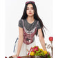 Fake Two-Piece Crop Top, Retro FERAL 66 Print Lace Bow Tee, Slim Short Sleeve T-shirt for Women