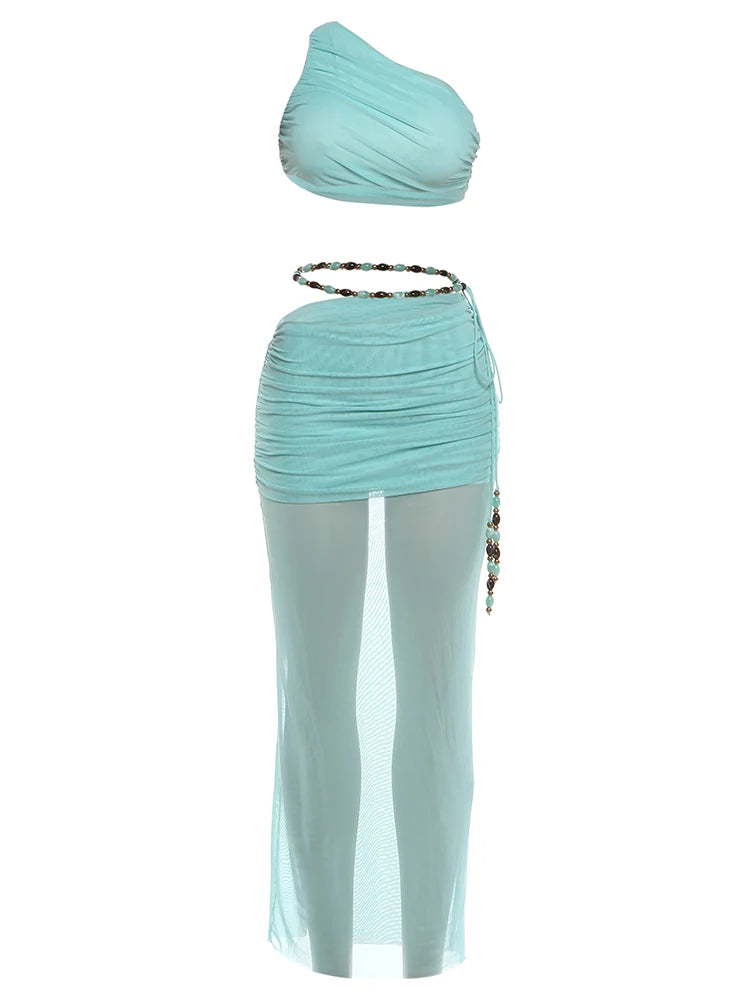 Mesh Patchwork 2 Piece Set Woman Skew Collar Backless Navel Exposed Tops+Beads Tassel Long Skirts Ruched Elegant Suit