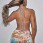 Backless Women Dress Pearl Chains Knot Wrap Summer Tie Dye Print Halter Bandage Backless Skinny Party Mini Bodycon