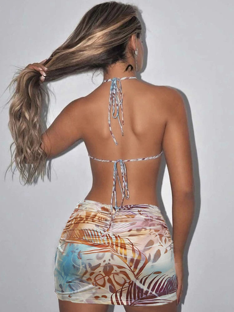 Backless Women Dress Pearl Chains Knot Wrap Summer Tie Dye Print Halter Bandage Backless Skinny Party Mini Bodycon