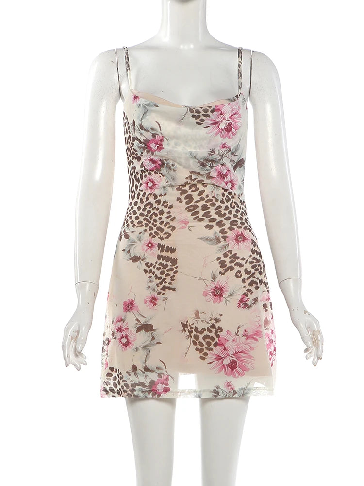 Leopard Flower Print Dress Women Low-Neck Skinny Sleeveless Skinny Sexy Midnight Summer Fashion Hottie Mini Bodycon