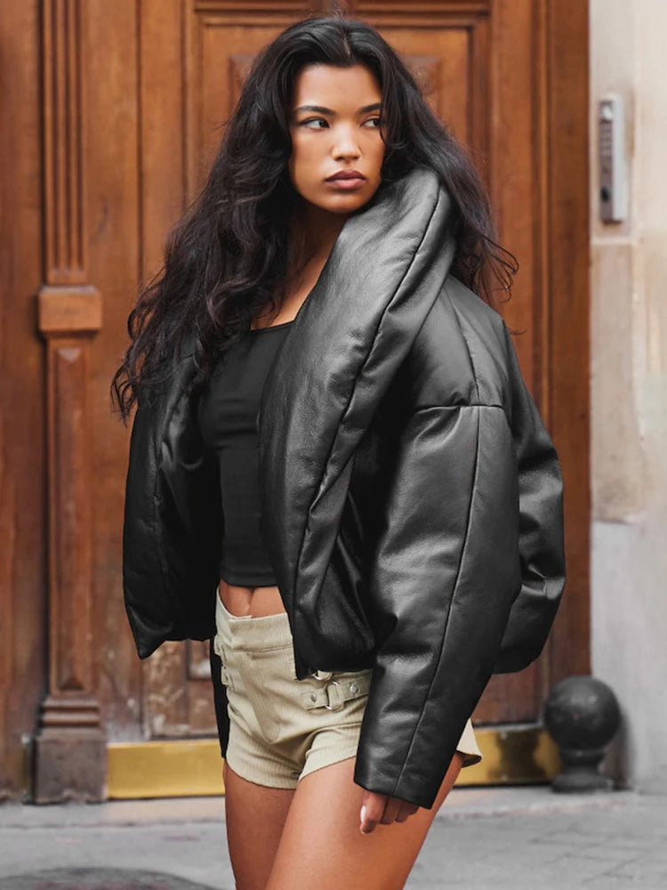 PU Waterproof Crop Puffer Jacket Women Winter Warm Leather Stand Collar Quilted Parkas Full Sleeve Streetwear Coat