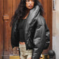PU Waterproof Crop Puffer Jacket Women Winter Warm Leather Stand Collar Quilted Parkas Full Sleeve Streetwear Coat