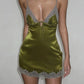 Patchwork Lace Satin Dress Women v-Neck Bandage Tassel Skinny Sexy Folds Midnight Chic Hottie Summer Mini Bodycon