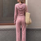 Patchwork 2-Piece Set Women Hooded Zip Full Sleeve Crop Coat+Drawstring Flare Pant Classic Sporty Casual Streetwear