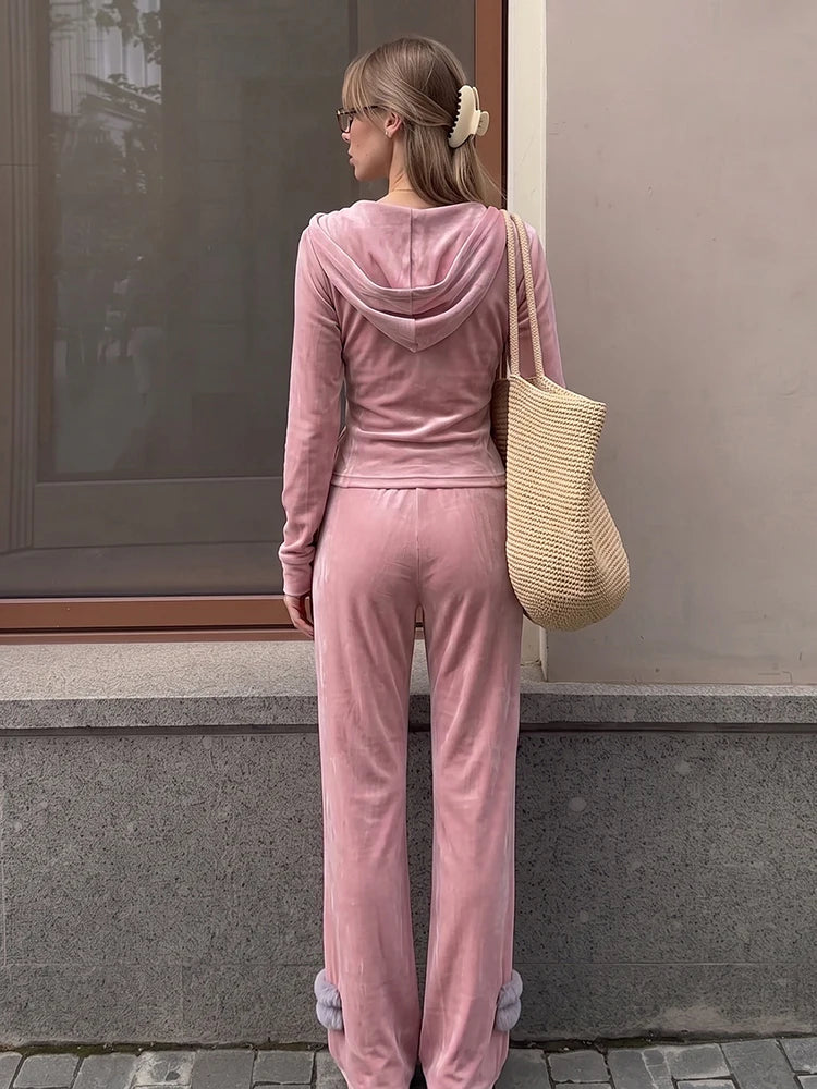 Patchwork 2-Piece Set Women Hooded Zip Full Sleeve Crop Coat+Drawstring Flare Pant Classic Sporty Casual Streetwear