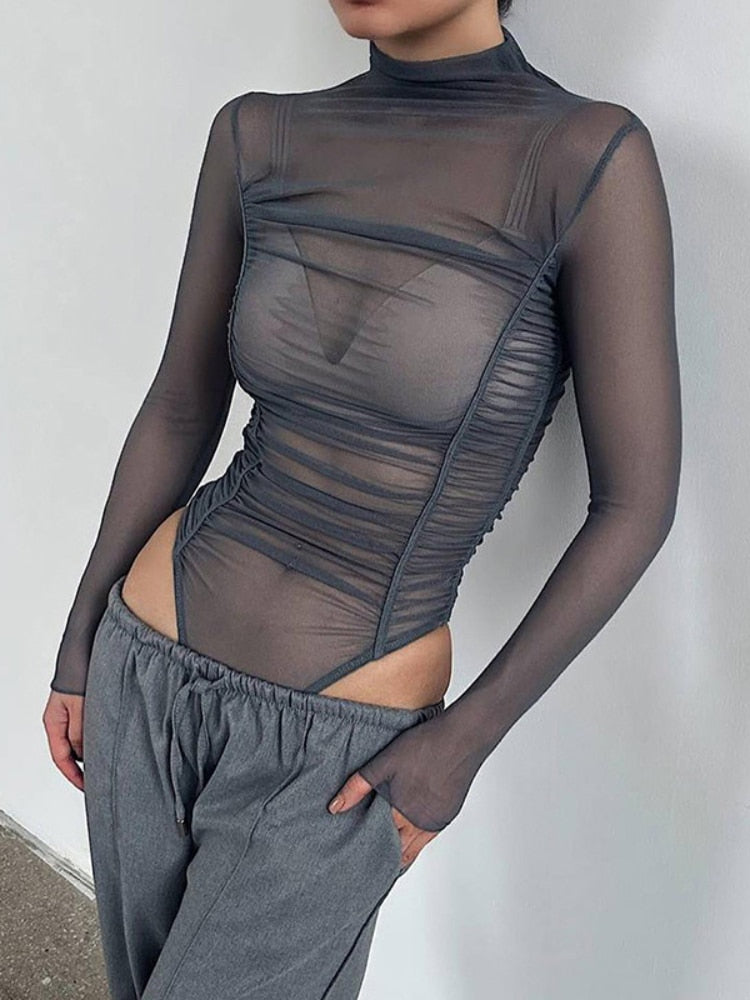 Fashion Ruched Mesh Bodysuit Long Sleeve Turtleneck Tops for Women See Through Sexy Black Body Suit