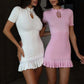 Summer Short Sleeve Ruffle Mini Dress Women Sweater Pullover Elegant Fashion Hollow Out Ribbed Slim High Waist Dress