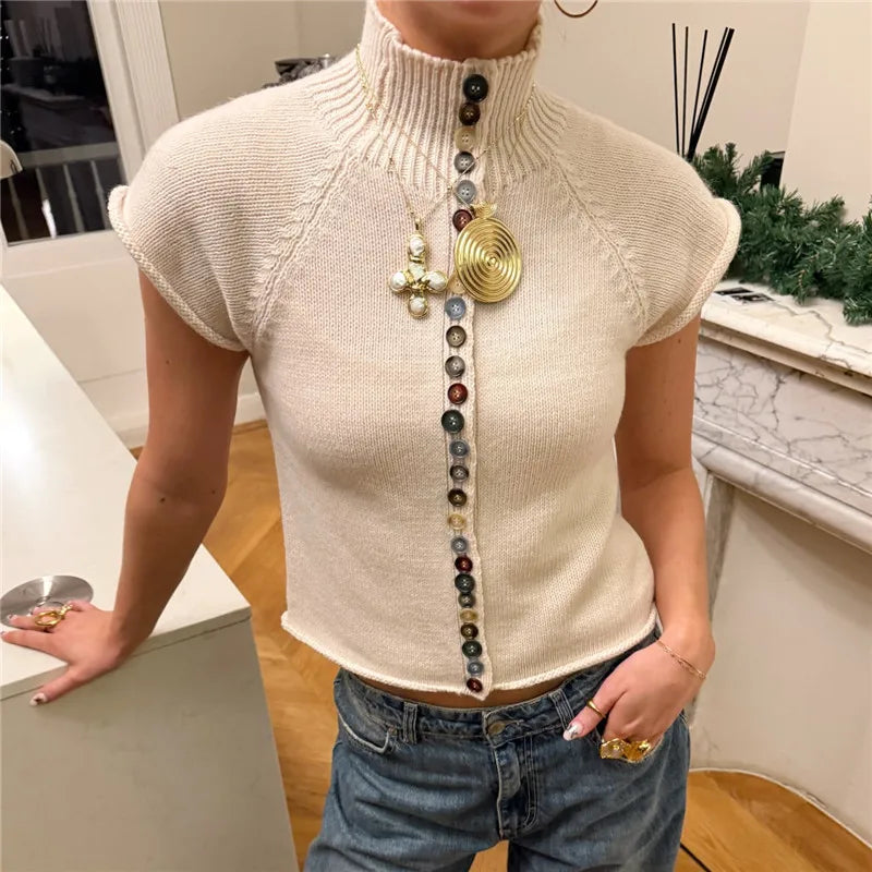 Women's Slim Fit Lightweight Sweater Shirt Elegant Colorful Button Down Short Sleeve Mock Neck Knit Cardigan Streetwear
