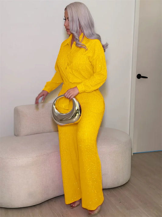 Rhinestone Decoration 2-Piece Set Women Single-Breasted Lapel Full Sleeve Shirt+Elastic Waist Pant Leisure Suits