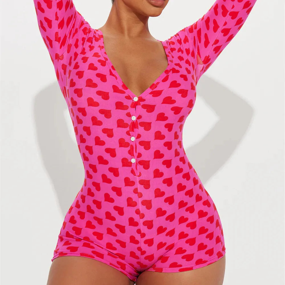 Women Sexy Bodycon Deep V Neck Trapdoor Fashion Heart Printed Long Sleeve Butt Flap Romper Valentines Pajama Playsuit