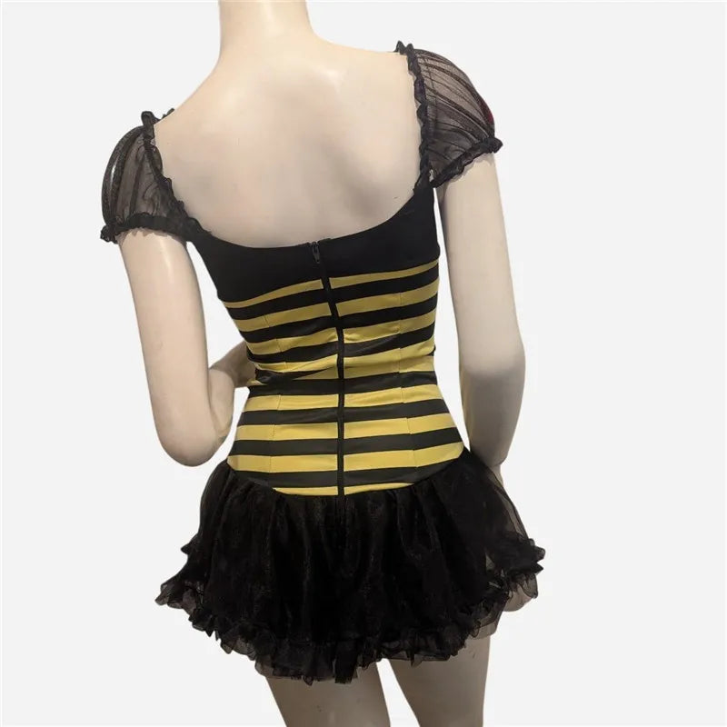 Women Bumble Bee Halloween Costume Dress Striped Mesh Puff Sleeve Bow Sunflower Decoration Tulle Tutu Mini Party Dress