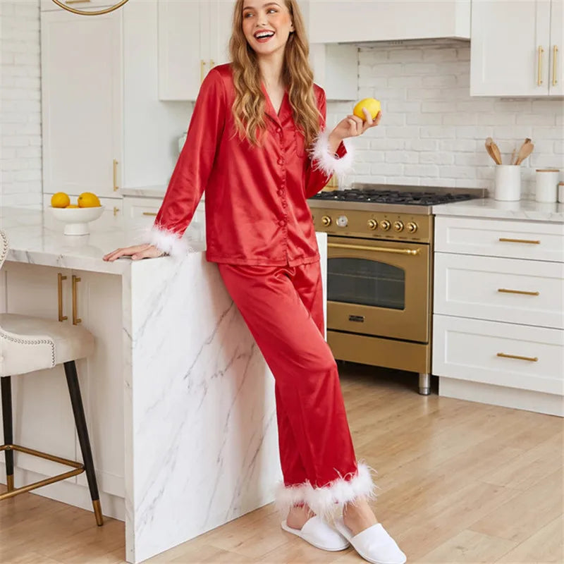 Women Satin Feather Trim Pajama Set Lapel Button Front Long Sleeve Shirt + Long Pants Christmas Loungewear Sleepwear Set