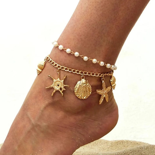 2Pcs/Set Summer Beach Barefoot Charm Anklets Women Bohemia Imitation Pearl Starfish Conch Pendant Foot Chain Jewelry