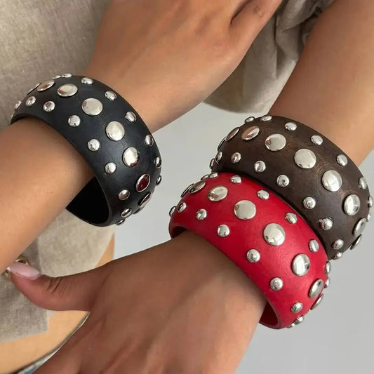 Hyperbole Wooden CCB Chunky Bangle Bracelet Vintage Punk Red Black Stackable Wide Grunge Jewelry for Women Creative