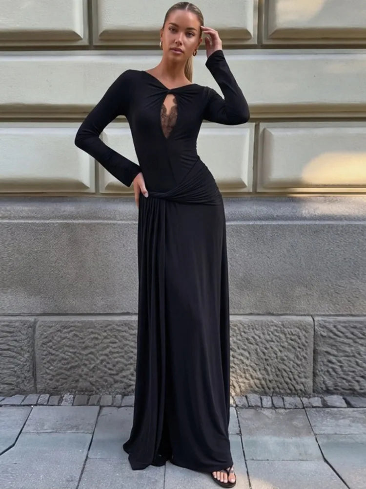 Women Maxi Dress Long Sleeve Twisted Neck Cutout Lace Detail Waist Ruched Sash Bodycon Formal Evening Party Long Dress
