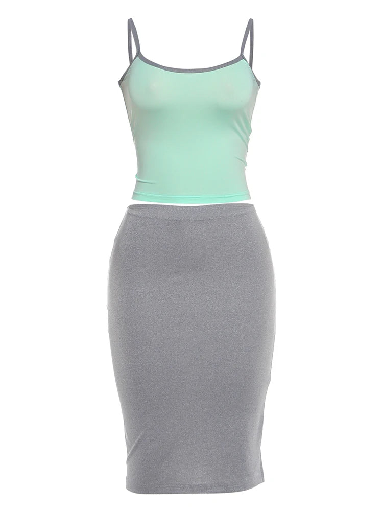 Chic Trend 2 Piece Set Women Fashion Low-Neck Line Patchwork Camisole+Skinny Skirts Sexy Simple Party Street Clubwear