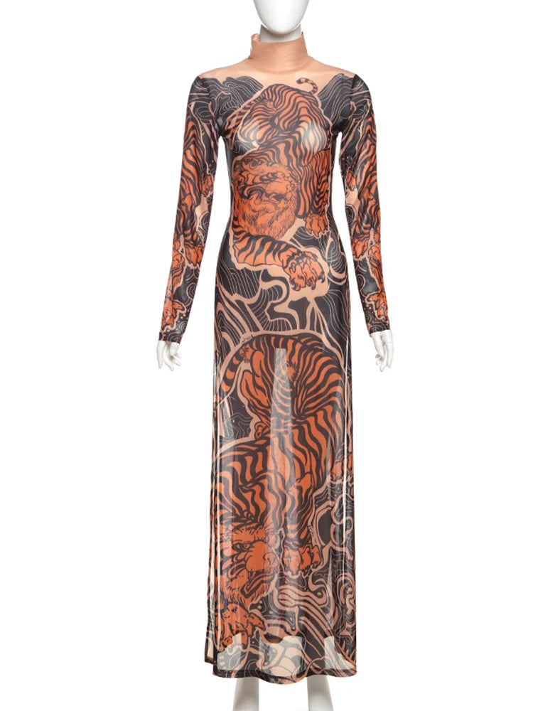 See Through T-Shirts Women Tiger Print Long Sleeve High Neck High Slits High Elastic Skinny Trend Street Hipster Tops