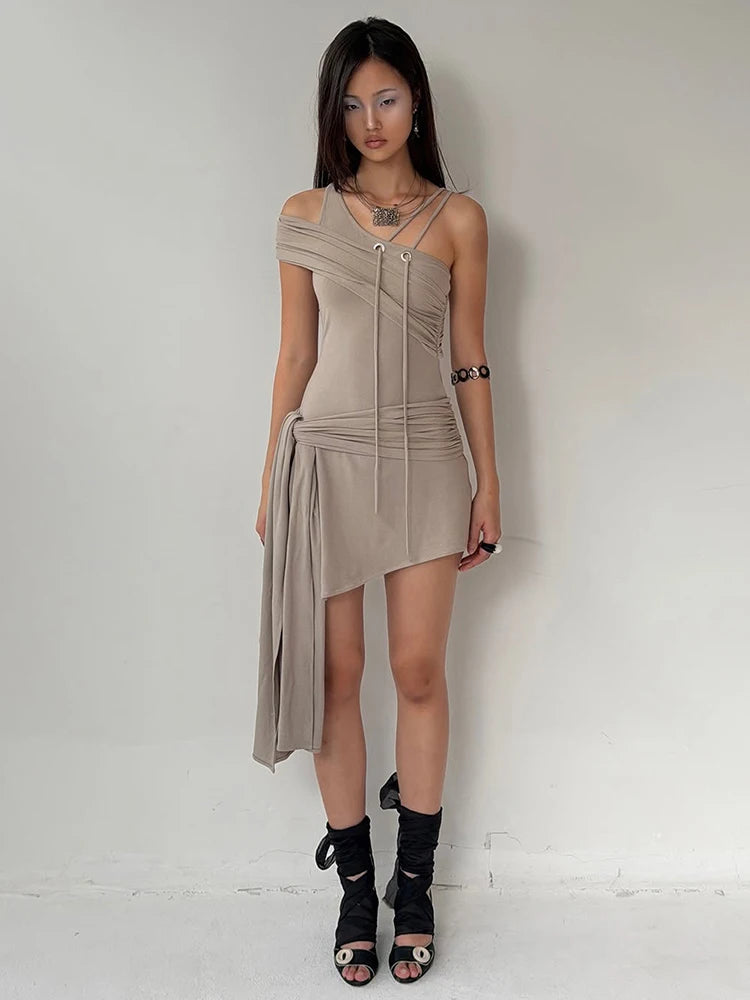Hollow Tassel Dress Women Slanted Shoulder Folds Bandgae Irregular Hem Sexy Music Festival Sexy Midnight Mini Bodycon