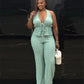 Sexy Fashion 2 Piece Set Woman Halter Low-Neck Backless Lace-Up Design Tank Tops+Jacquard Long Pant Street Style Suit