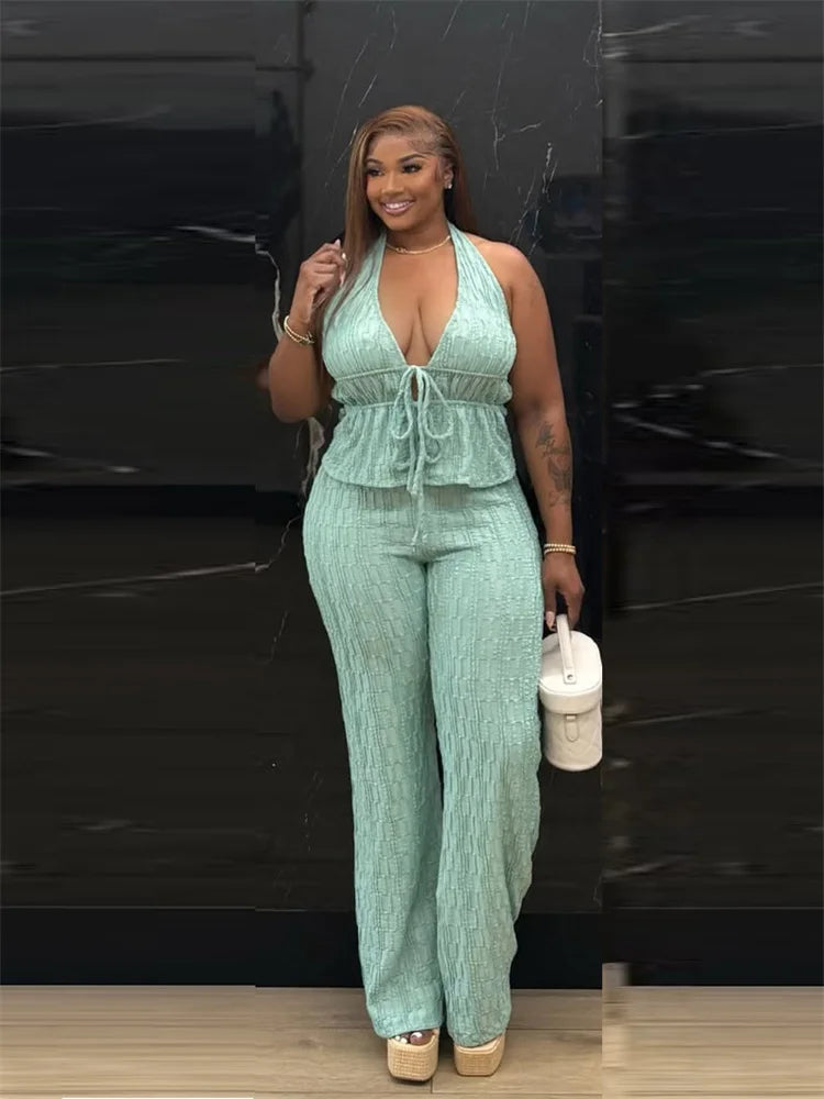 Sexy Fashion 2 Piece Set Woman Halter Low-Neck Backless Lace-Up Design Tank Tops+Jacquard Long Pant Street Style Suit