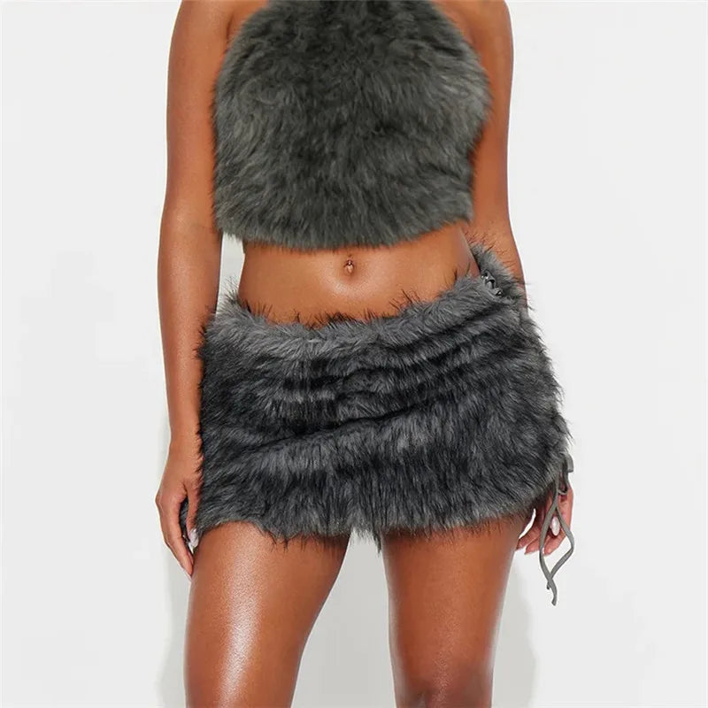 Furry Mini Skirts Women Tie Side High Street Sexy Midnight Hottie Fashion Wild Party Simple Classic Autumn Winter Bottom