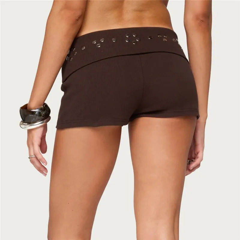 Women Low Waist Ribbed Mini Shorts Fold Waist Metal Rivet Studded Decor Slim Bodycon Hot Pants Street Clubwear Shorts