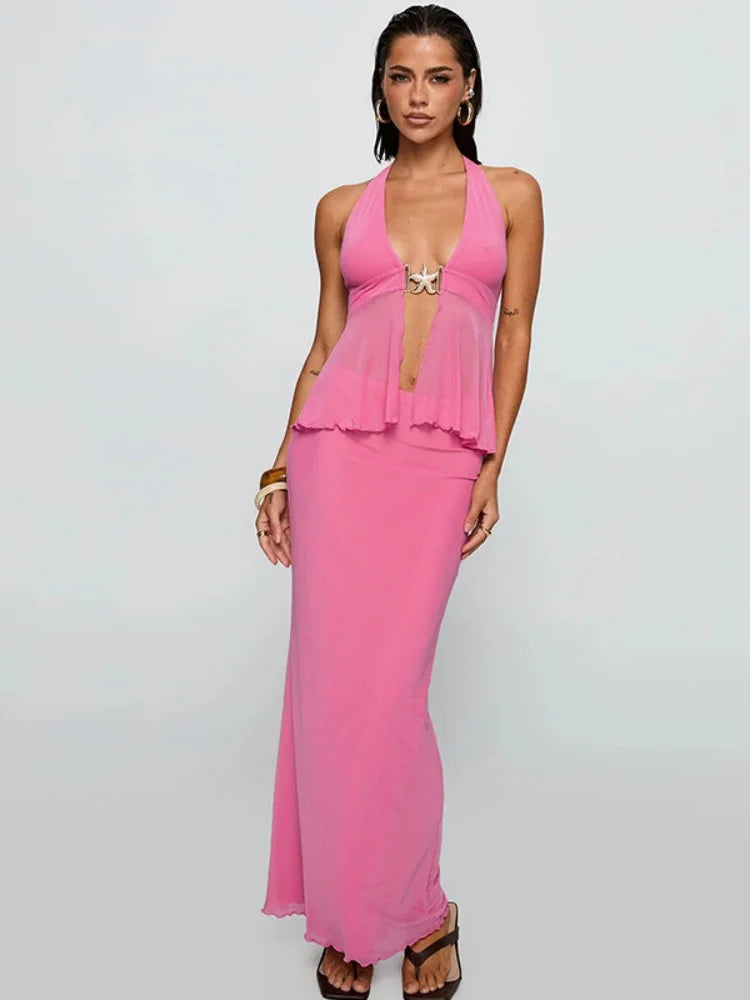 Sexy Mesh 2 Piece Set Backless Halter Top and Long Skirts Matching Sets Woman Vacation Outfits