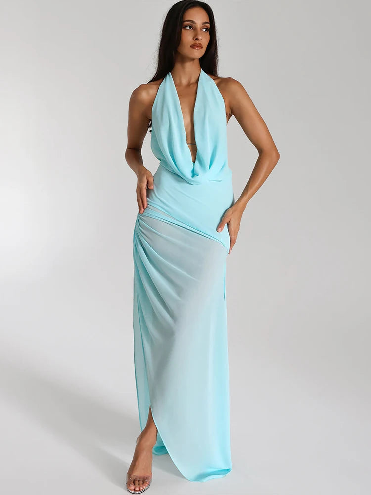 Side Split Sexy Dress Women Multilayer Knot Ribbon Halter Swing Collar Backless Sleeveless 2 Ways Wear Trend Bodycon