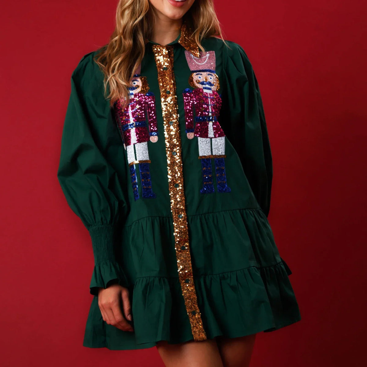 Womens Christmas Sequin Nutcracker Dress Long Sleeve Tiered Glitter Nutcracker Print Holiday Mini Shirt Dresses