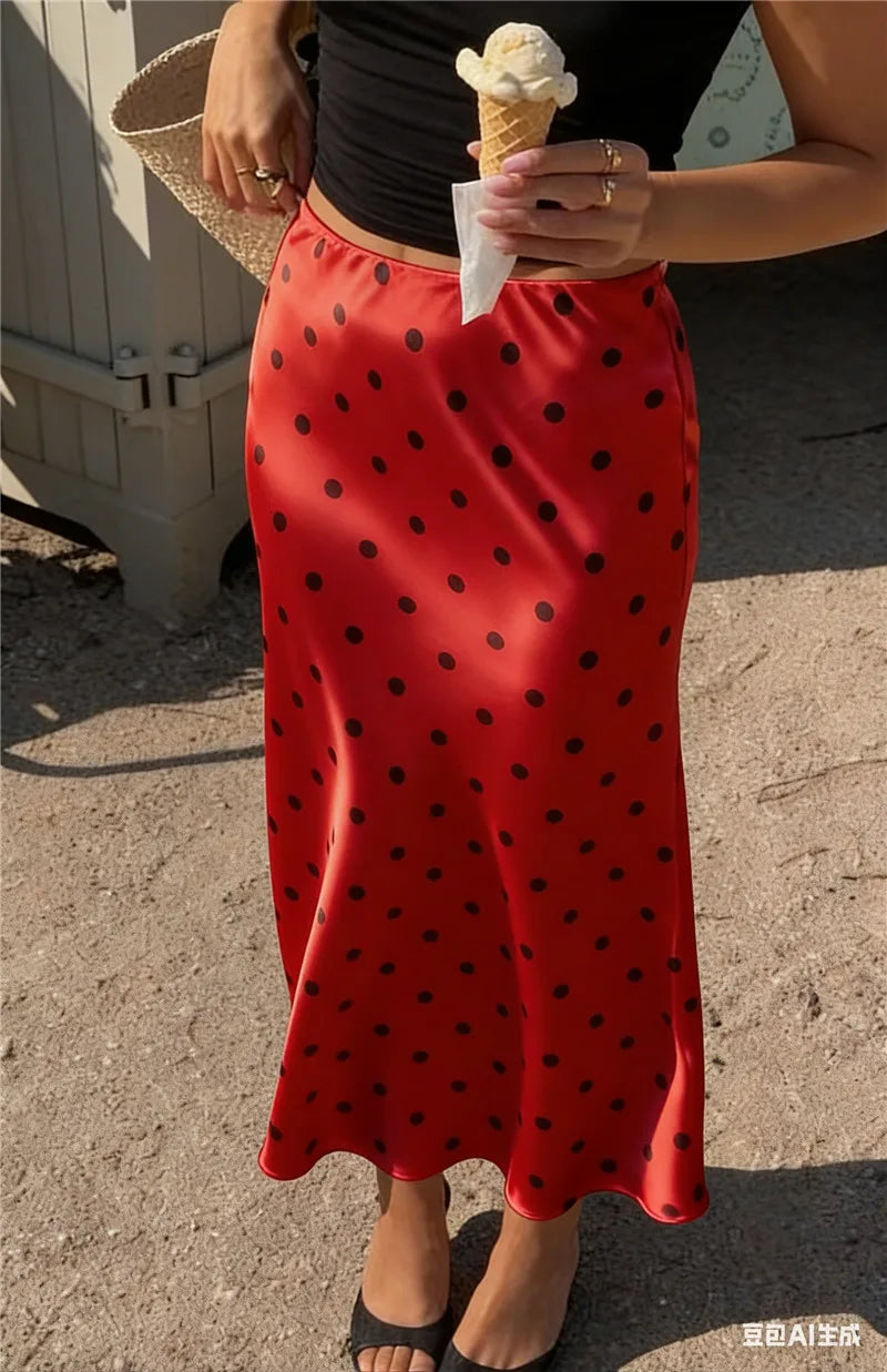 French Vintage Polka Dot Satin Skirt High Waist Silky Midi Skirt Elegant Retro Print For Women Summer Y2K Streetwear
