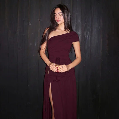 Asymmetric One Shoulder High Slit Maxi Dress Green Evening Party Dresses Woman Elegant Luxury