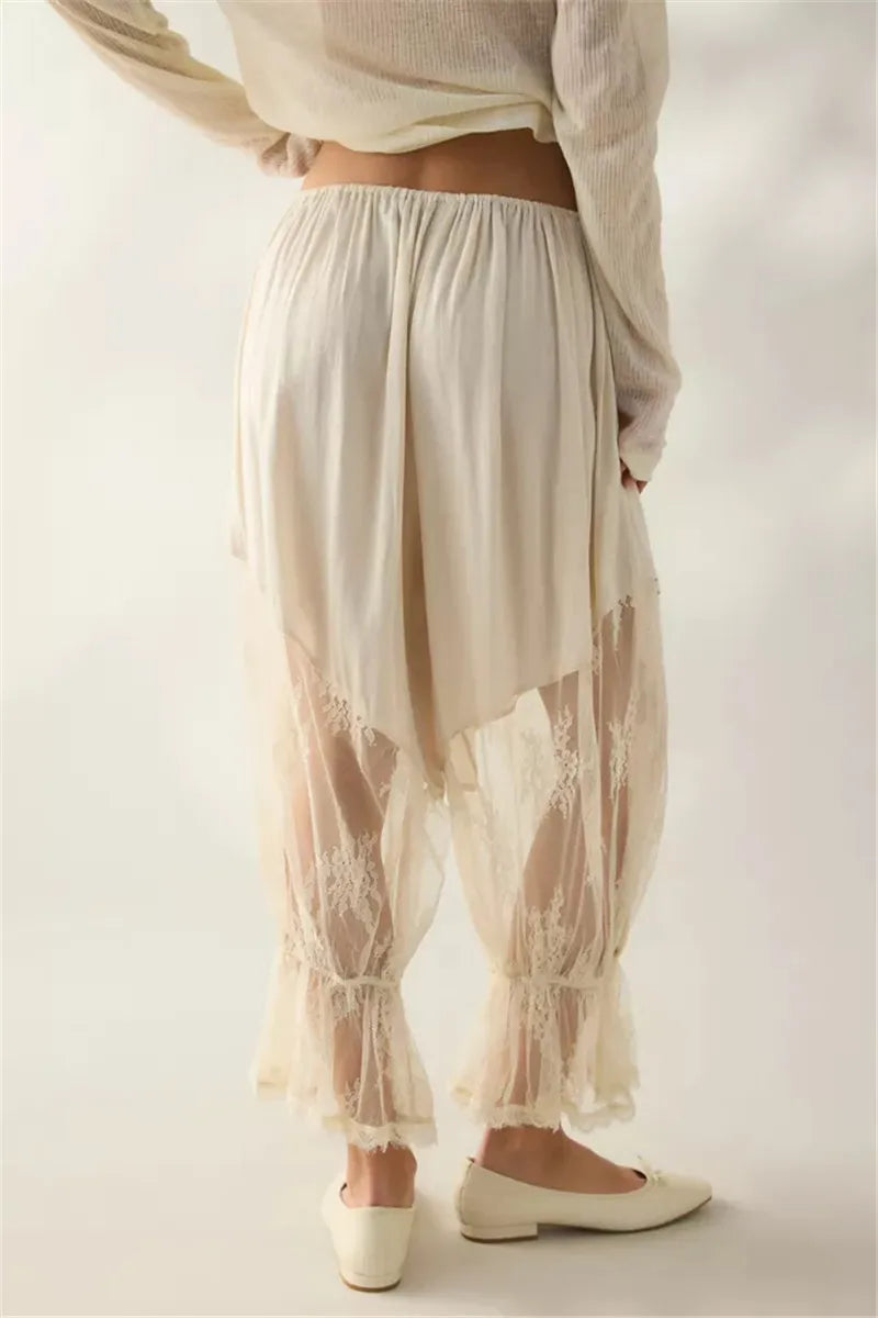 Boho Vintage Sheer Lace Harem Pants Elastic Waist Drawstring Floral Embroidery Cropped Loose Casual Pants Streetwear