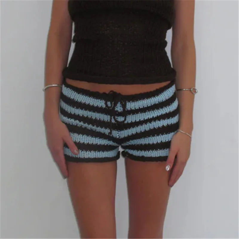 Drawstring Knit Crochet Shorts Women Summer Low Waist Stripes Print Booty Shorts Grunge Stretchy Shorts HolidayBeachwear