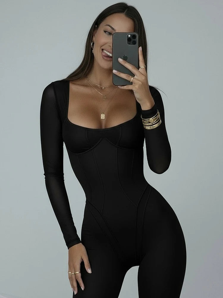 Backless Long Sleeve Sexy Jumpsuit Women Overalls Elegant Square Collar Striped Skinny Sporty Fitness Jumpsuits Ladies