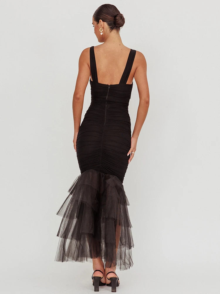 Mesh Backless Sexy Maxi Dress For Women Gown Two Layer Spaghetti Strap Sleeveless Ruched Bodycon Club Party Dress
