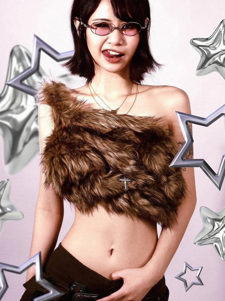 Off-Shoulder High Street Tank Tops Women Sexy Furry Coquette Simple Midnight Party Clubwear Hottie Wild Fashion Vests