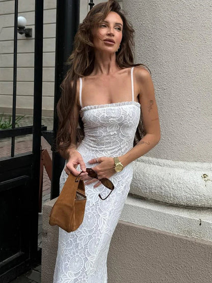 Off Shoulder Backless Sexy Dress Women Jacquard Patchwork Spaghetti Strap Ruffles Low-Neck Evening Prom Party Outfits