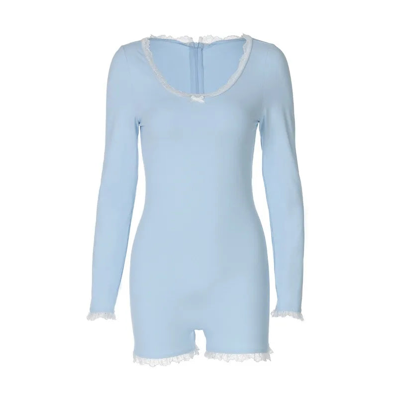 Bow Lace Trim Long Sleeve Romper Playsuit Woman One Pieces Short Jumpsuits New Arrivals 2025 Woman Clothing