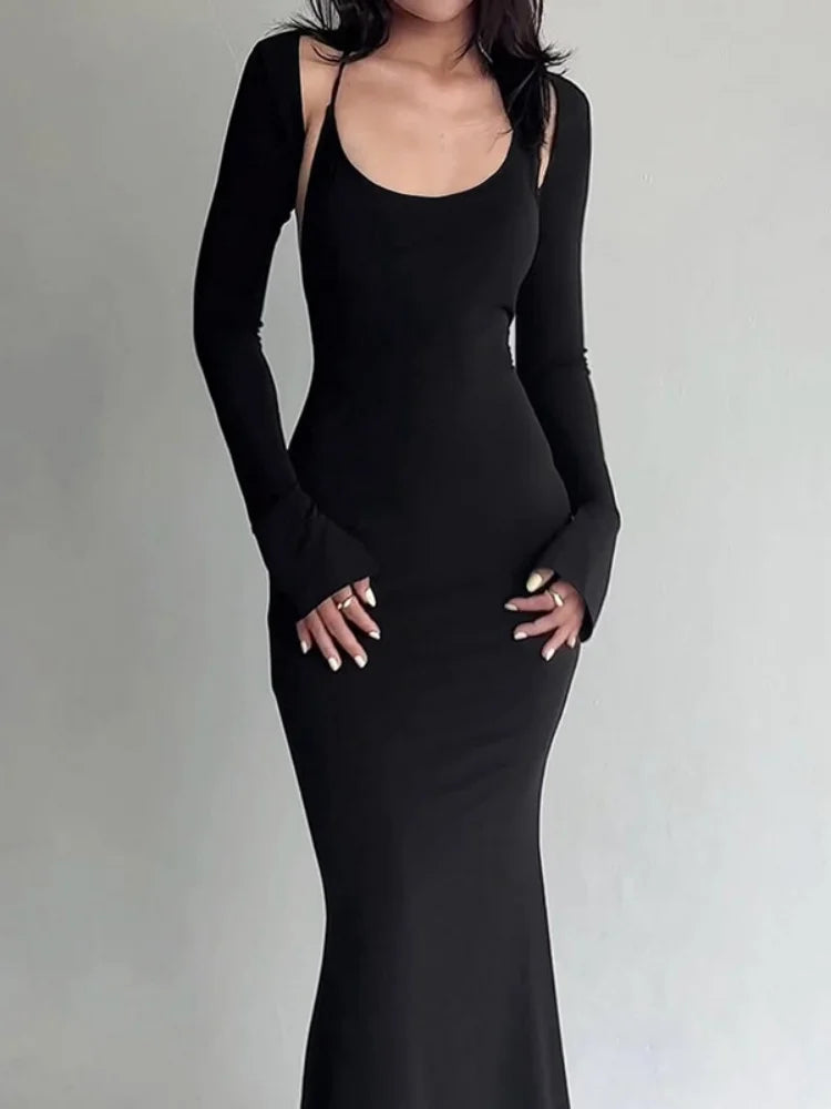 Halter Backless Maxi Dress with Long Sleeve Shawl Sexy Outfits Fall Casual Black Dresses Woman 2 Piece Set