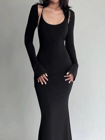 Halter Backless Maxi Dress with Long Sleeve Shawl Sexy Outfits Fall Casual Black Dresses Woman 2 Piece Set