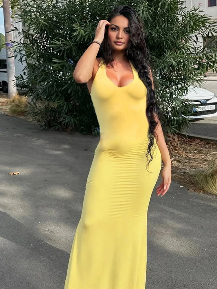 Halter Backless Dress Women Sexy V-Neck Bandage Sleeveless Summer Beach Vacation Party Club Stretch Trumpet Bodycon