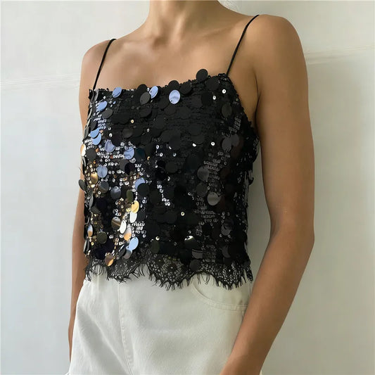 Sequins Cami Crop Top Spaghetti Strap Lace Hem Sparkly Camisole for Music Festival Beach Vacation Boho Party Outfits