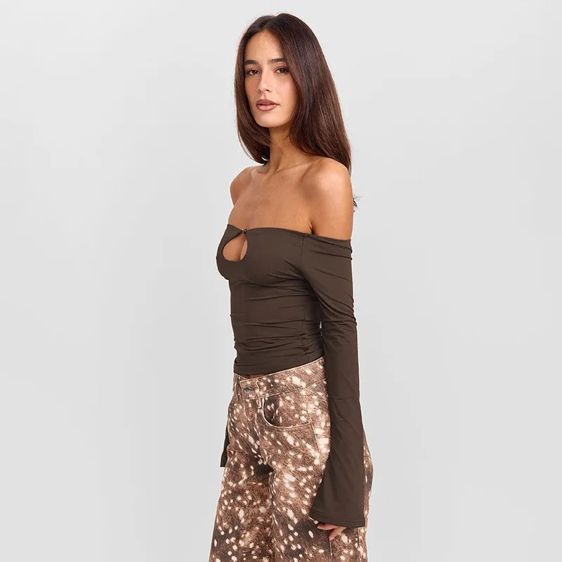 Off The Shoulder Hollow Long Sleeve Tops Brown Black Fitted T Shirts Fashion 2026 Woman Fall Clothes