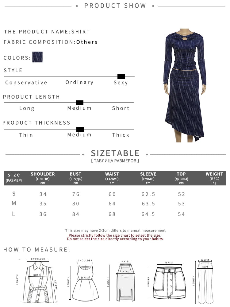 Casual Elegant 2 Piece Set Woman Polka Dot Print o-Neck Hollow Full Sleeve T-Shirts+Elastic Waist Long Skirts Suits