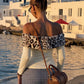 Leopard Print Splicing Off Shoulder Long Sleeve Crop Tops for Woman Sexy T Shirts Spring 2026