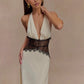 Elegant Lace Trim Satin White Maxi Dress Deep V Backless Long Gown Dresses for Ladies Sexy Birthday Outfits