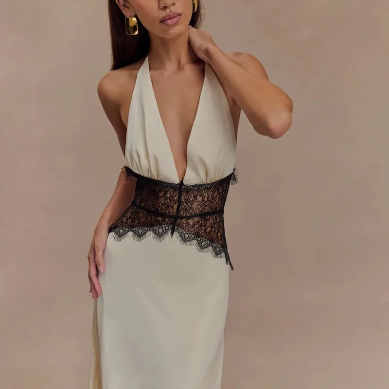 Elegant Lace Trim Satin White Maxi Dress Deep V Backless Long Gown Dresses for Ladies Sexy Birthday Outfits